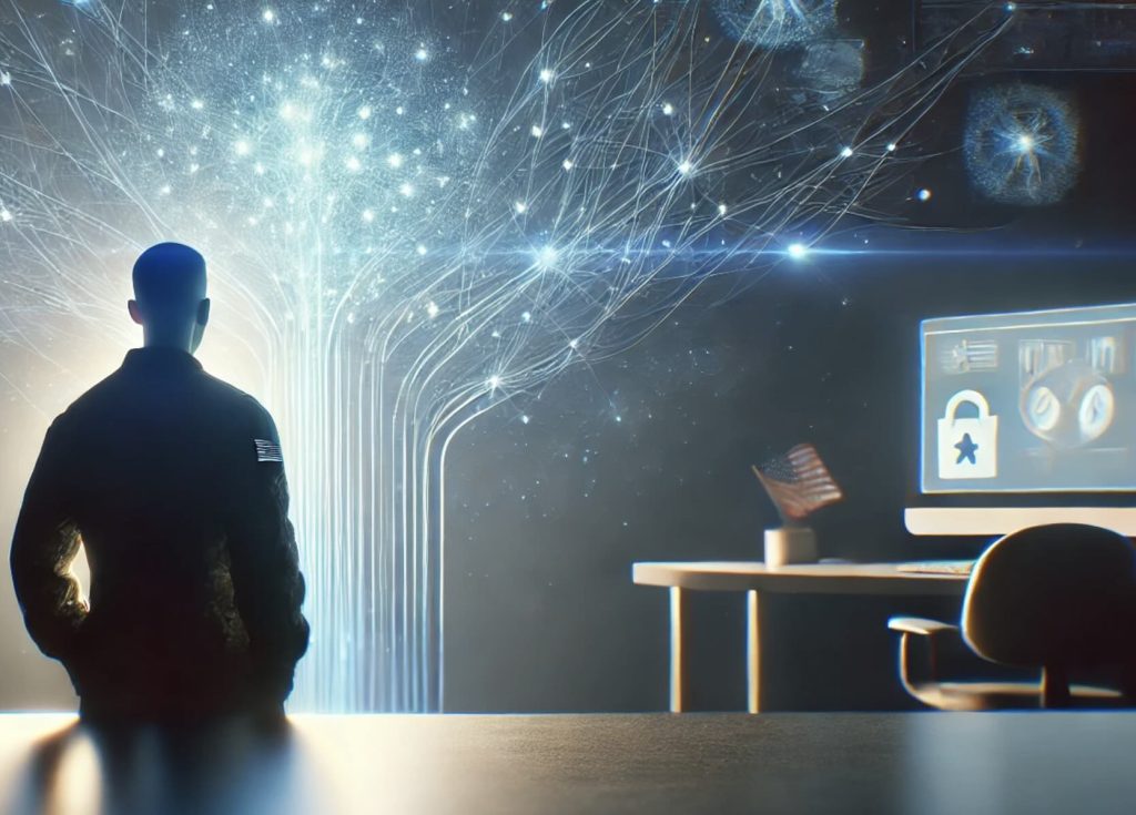 A silhouetted veteran standing before a glowing abstract neural-network interface in a modern digital workspace with blue lighting.